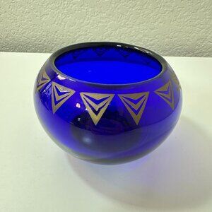 Vintage Dalzell Viking Cobalt Blue Glass Candy Bowl Chevron Decor Handmade USA